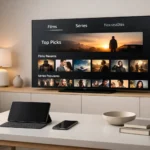 Comparaison des catalogues des services de streaming sur Smart TV dans un salon moderne élégant