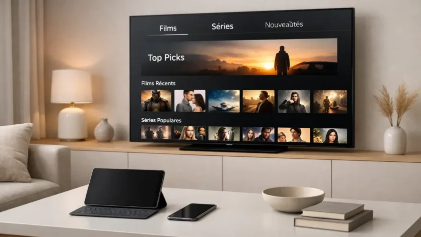 Comparaison des catalogues des services de streaming sur Smart TV dans un salon moderne élégant