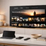 Choisir une offre streaming sur Smart TV avec interface fluide dans un salon moderne élégant