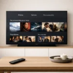 Plateforme streaming pas chère affichée sur Smart TV dans un salon moderne élégant