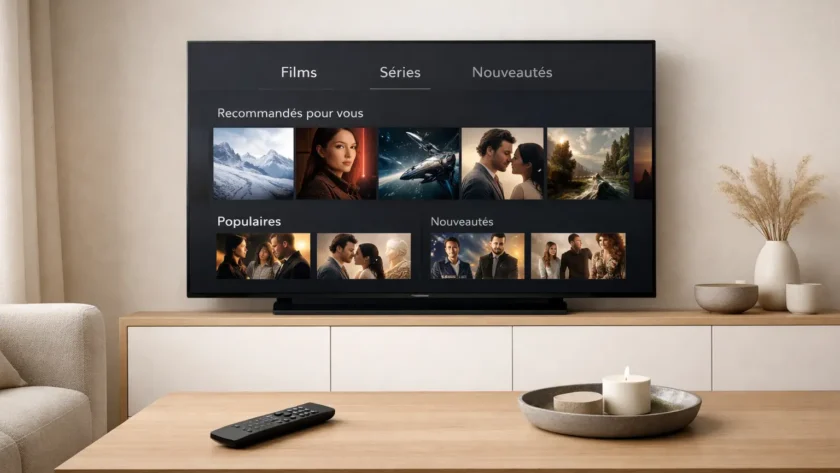 Plateforme streaming pas chère affichée sur Smart TV dans un salon moderne élégant