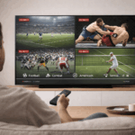 Homme assis dans un salon moderne regardant une Smart TV affichant une interface de streaming sportif avec plusieurs compétitions en direct (football, combat, sport américain, tennis), navigation claire et utilisation via télécommande