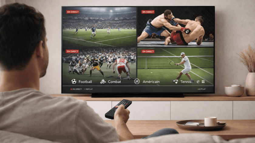 Homme assis dans un salon moderne regardant une Smart TV affichant une interface de streaming sportif avec plusieurs compétitions en direct (football, combat, sport américain, tennis), navigation claire et utilisation via télécommande