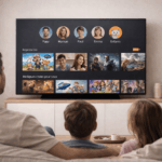 Famille réunie dans un salon moderne regardant une Smart TV affichant une interface de streaming simple avec profils utilisateurs distincts, ambiance chaleureuse, utilisation facile sur plusieurs écrans