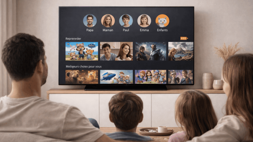Famille réunie dans un salon moderne regardant une Smart TV affichant une interface de streaming simple avec profils utilisateurs distincts, ambiance chaleureuse, utilisation facile sur plusieurs écrans