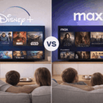 Comparaison sur Smart TV entre deux plateformes de streaming, avec interface familiale d’un côté et contenus plus variés de l’autre, affichée dans un salon moderne avec une famille devant l’écran