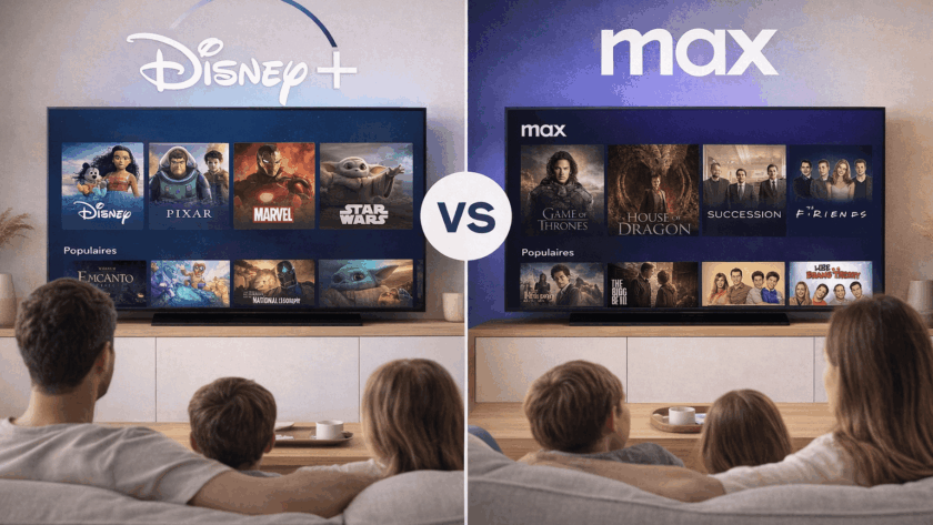 Comparaison sur Smart TV entre deux plateformes de streaming, avec interface familiale d’un côté et contenus plus variés de l’autre, affichée dans un salon moderne avec une famille devant l’écran
