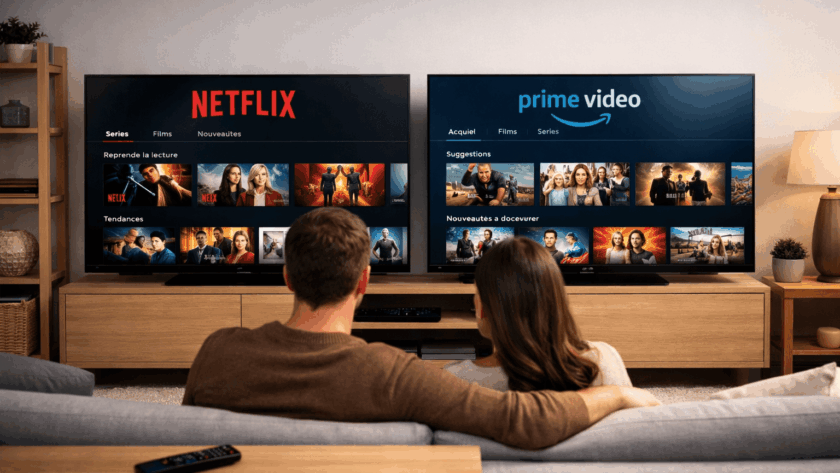 Couple assis dans un salon moderne regardant deux Smart TV côte à côte affichant les interfaces de streaming, l’une orientée séries et recommandations personnalisées, l’autre proposant un catalogue plus varié, ambiance chaleureuse et utilisation sur grand écran