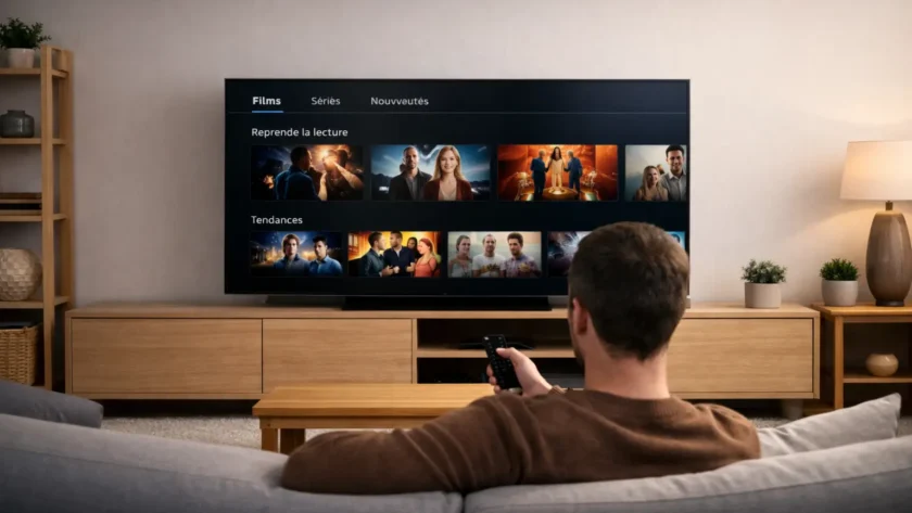 Expérience streaming fluide sur Smart TV dans un salon moderne confortable